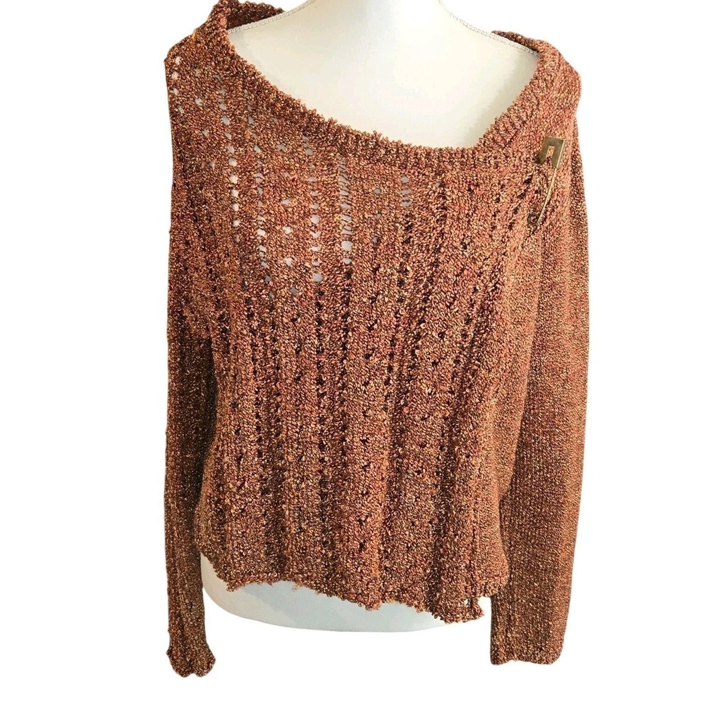 Parkhurst Rust Colored Textured Knit Sweater LARGE Anthropologie With Safety Pin